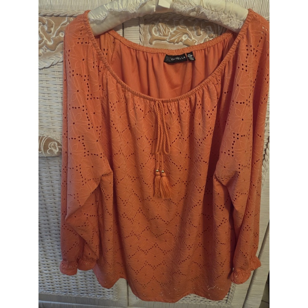 NWOT Rafaella Blouse / Top SZ XXL Coral Orange Eyelet Lined Tassels Upbeat Vibe